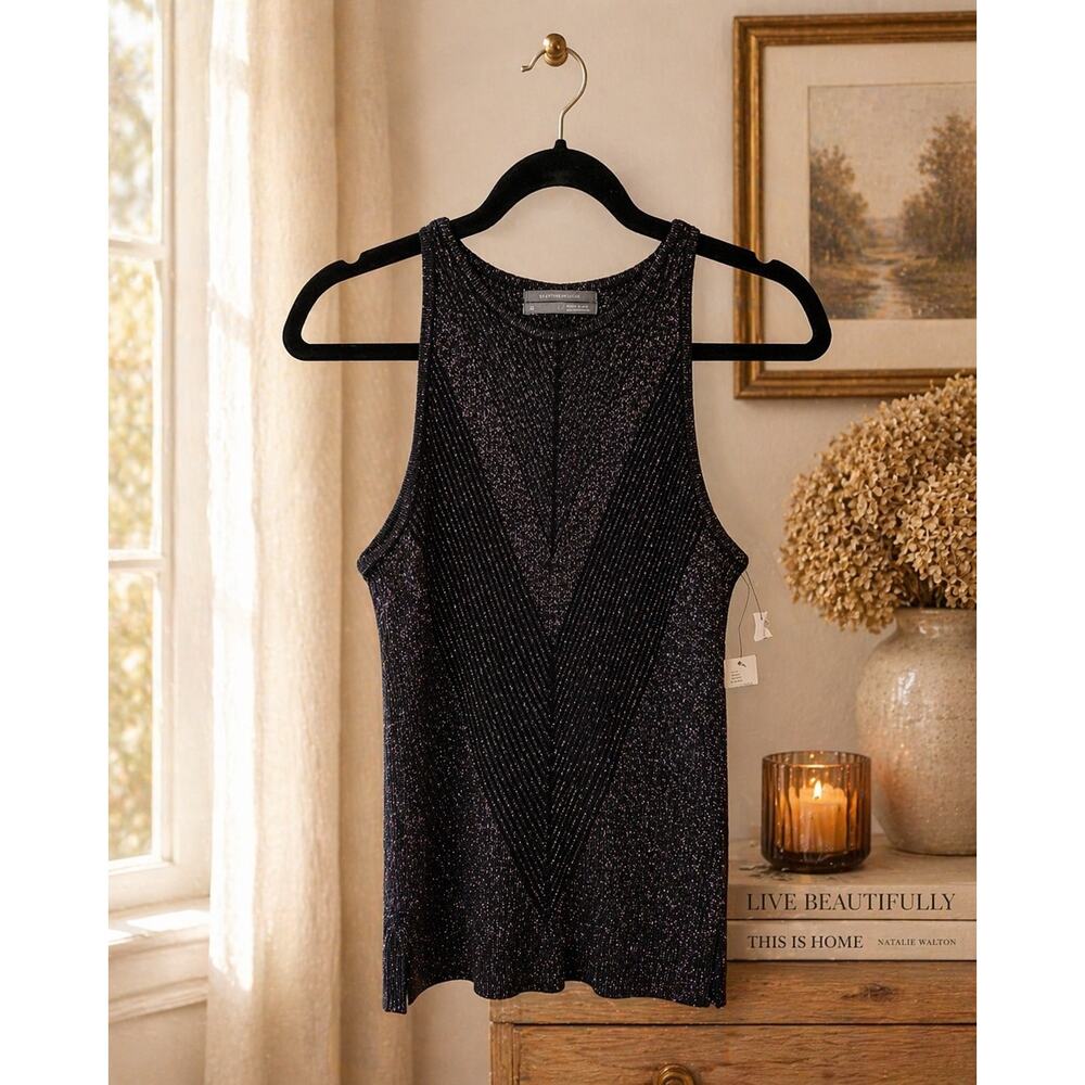 Anthro Metallic Chevron Rib Knit Tank XS Black Shimmer Sleeveless Top NWT Glam